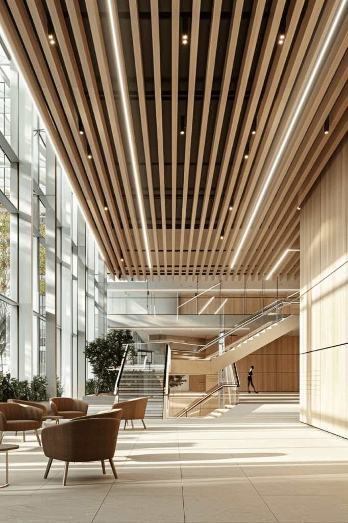 Soffitto a doghe acustiche EasySnap in feltro PET nella hall vetrata di un edificio direzionale