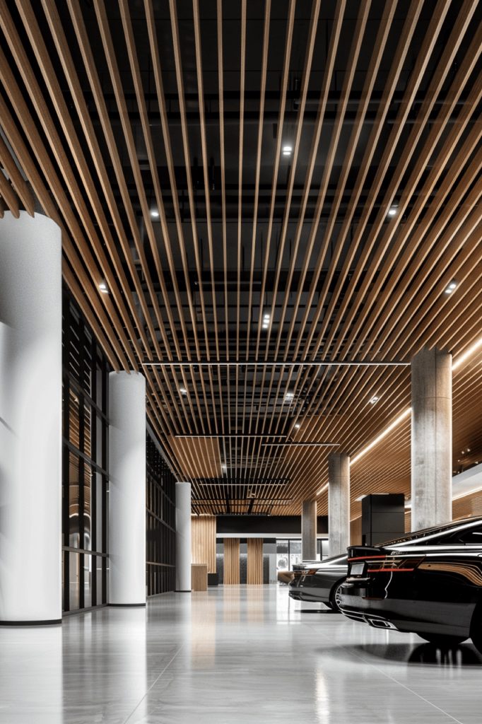 Soffitto a doghe acustiche EasySnap in feltro PET nello showroom di una concessionaria