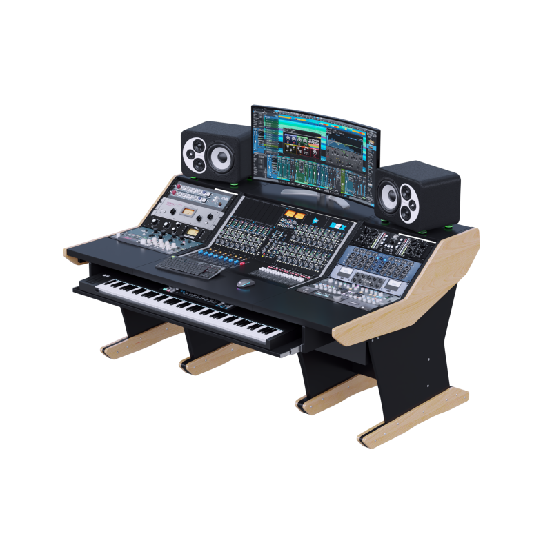consolle-buso-api-the-box-header Scrivania da regia con la API The Box al centro, outboard nei fianchi inclinati e vassoio tastiera estraibile