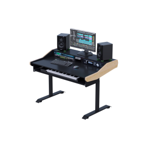 Scrivania sit-stand da studio con gambe elettriche in metallo nero e tastiera a 61 tasti nel vassoio estraibile