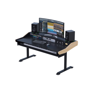 Consolle regolabile in altezza, piano nero con bordo in faggio, tastiera 88 tasti e monitor curvo ultrawide