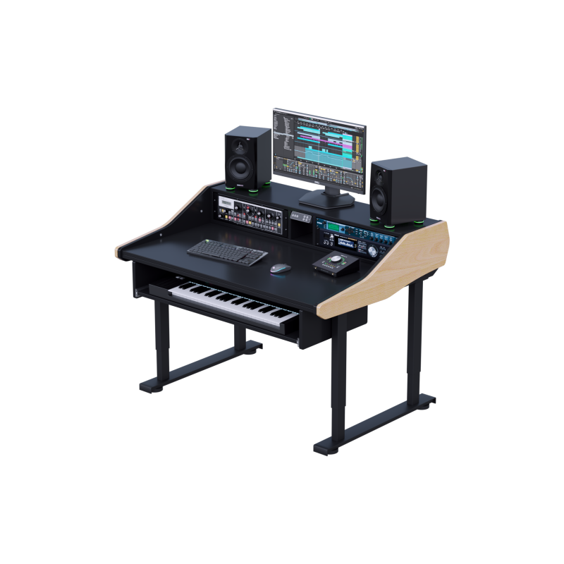 consolle-buso-artist-rise-pro-61-header Postazione da studio con alzata elettrica, doppia fila di rack 19 pollici e tastiera 61 tasti sul vassoio
