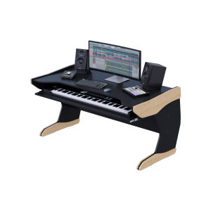 Consolle da studio in legno con piano sagomato e vassoio scorrevole per master keyboard a 88 tasti