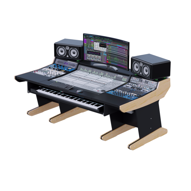 consolle-buso-avid-c24-header Superficie di controllo Avid C24 incassata in un piano nero, rack laterali di outboard e tastiera master sotto