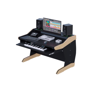Consolle da studio nera con montanti in faggio, ripiano monitor rialzato e tastiera a 61 tasti nel vassoio