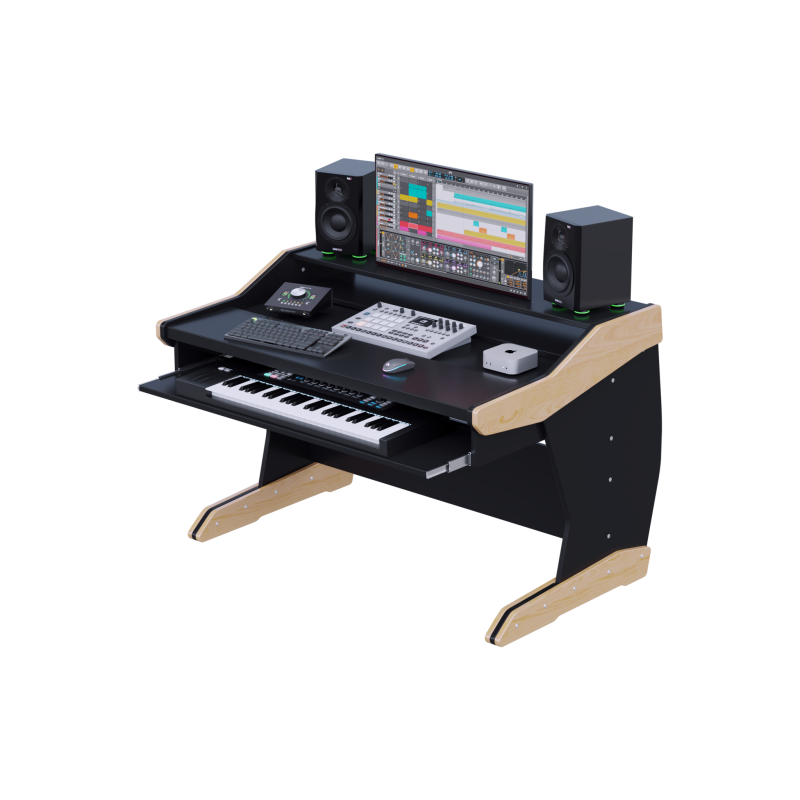 consolle-buso-composer-61-header Consolle da studio nera con montanti in faggio, ripiano monitor rialzato e tastiera a 61 tasti nel vassoio