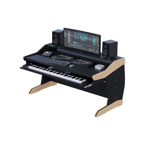 Postazione per composizione dal piano nero split-level, tastiera 88 tasti, monitor curvo e banchi di fader