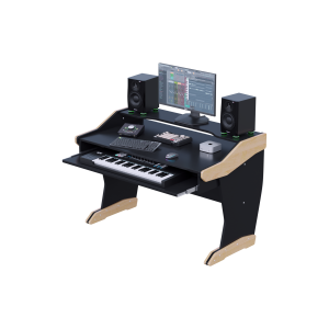 Consolle compatta da studio nera con fianchi in faggio, ripiano monitor integrato e tastiera MIDI nel vassoio