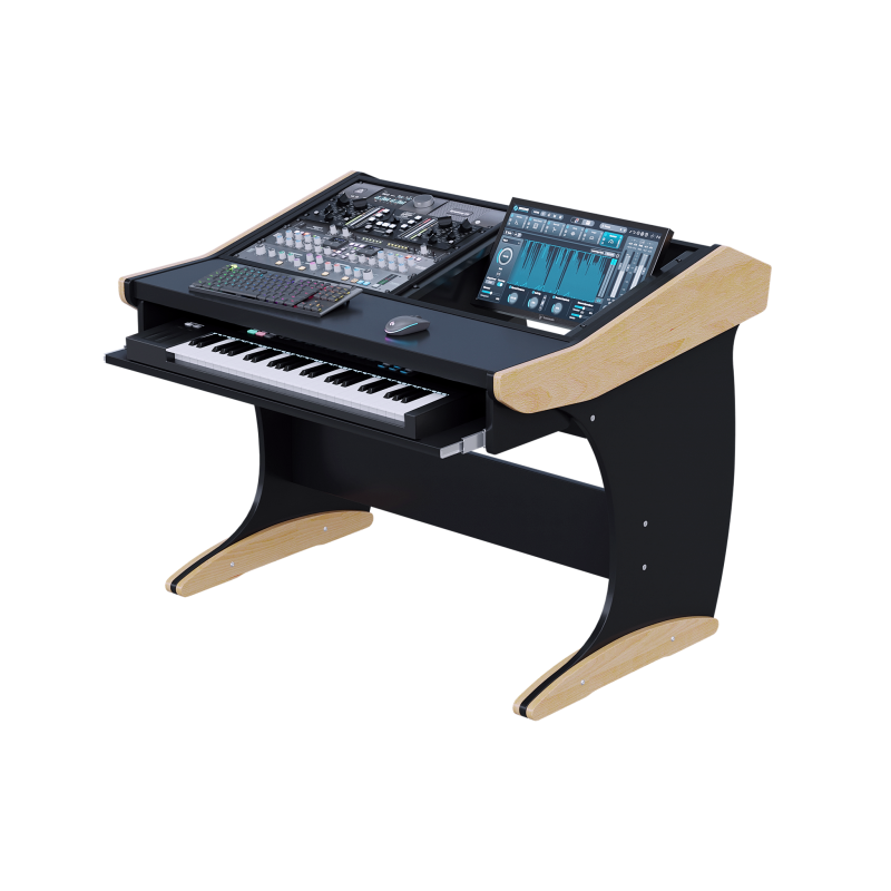 consolle-buso-master-2-header Workstation nera il cui piano inclinato ospita schermo e controller, con tastiera MIDI sul vassoio estraibile