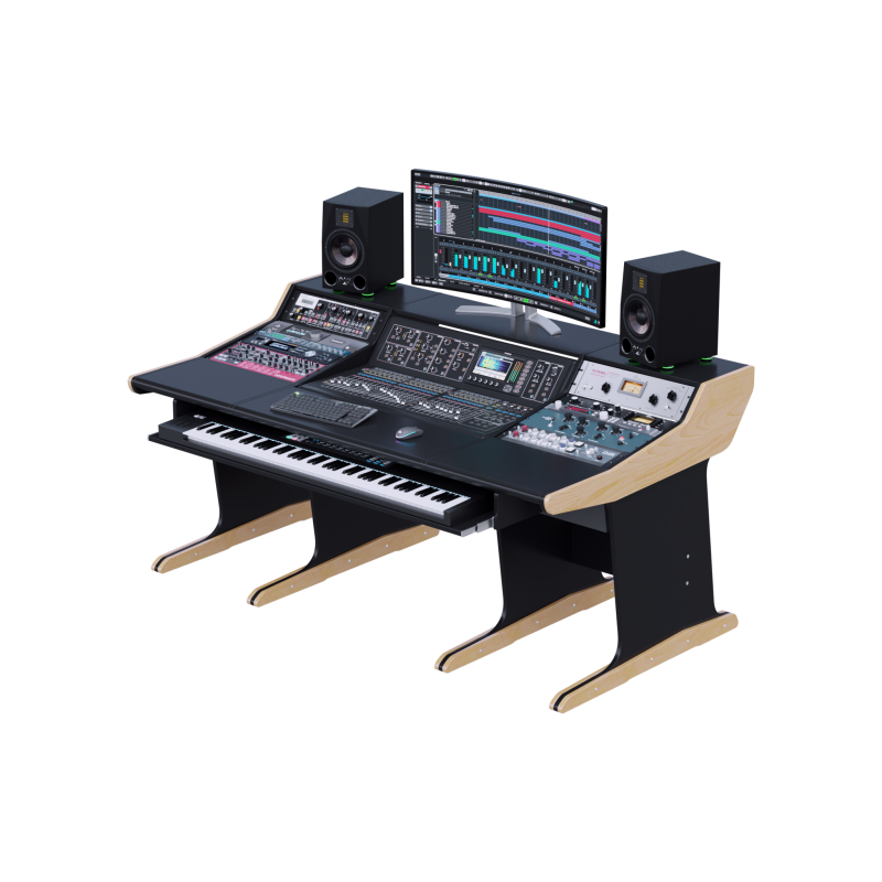 consolle-buso-midas-m32-header Console Midas M32 incassata in un banco nero su gambe di faggio chiaro, outboard ai lati e tastiera master sotto