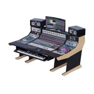 Console AMS Neve 5088 nel banco, fiancate fitte di outboard fino in alto e monitor nearfield sulle ali laterali