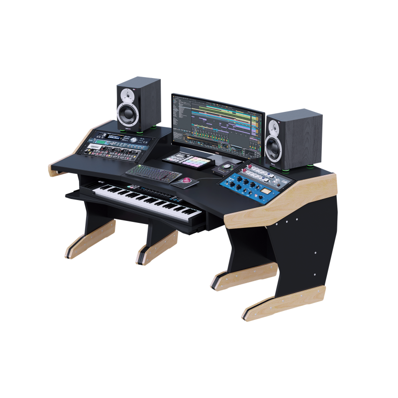 consolle-buso-producer-61-header Piano split-level con schermo panoramico, coppia di monitor da studio e tastiera a 61 tasti sul vassoio