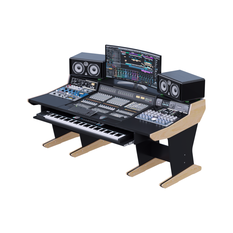 consolle-buso-ssl-matrix-header Console SSL Matrix al centro del piano nero, rack di outboard nei fianchi e tastiera master nel vassoio sotto