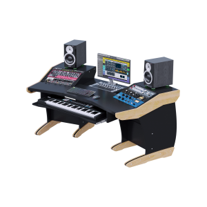 Consolle per studio di registrazione con piano split-level, rack 19 pollici e vassoio per tastiera a 61 tasti