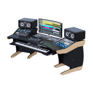 Consolle da studio a piano largo, 245 cm di superficie di lavoro con rack 19 pollici e vassoio per 88 tasti