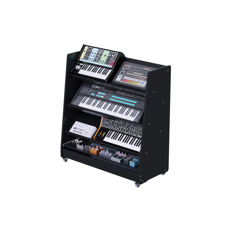 consolle-buso-synthdock-header Postazione per tastiera con tre ripiani regolabili e vassoio estraibile per synth e drum machine