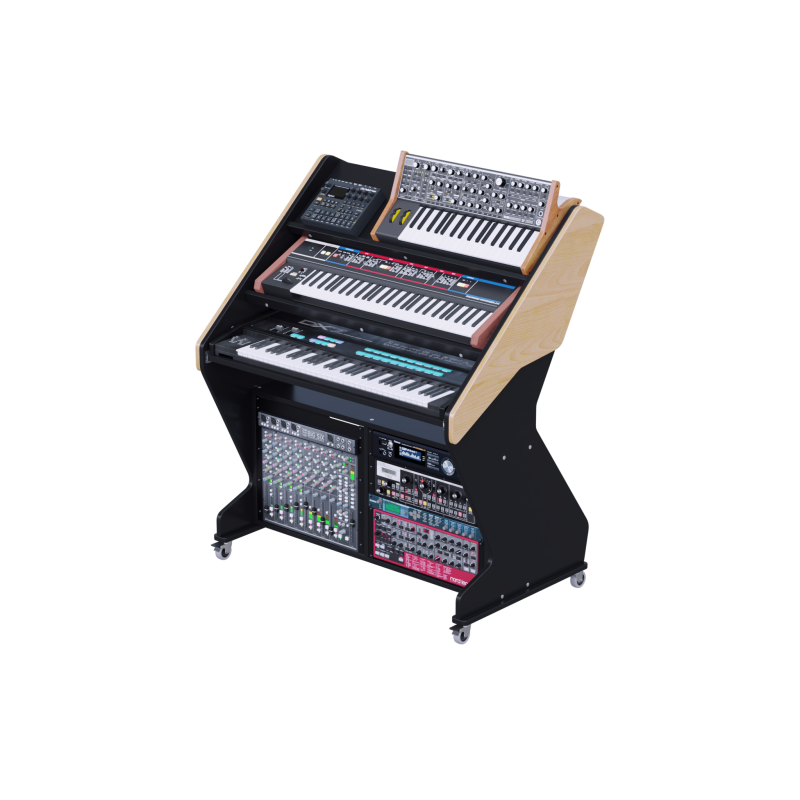 consolle-buso-synthstation-pro-rack-header Tre livelli di tastiere sopra due colonne di rack da 19 pollici con mixer e moduli, telaio nero e faggio