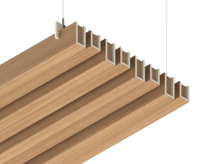 Baffle acustici EasySnap in feltro PET stampato con fantasie effetto legno e pietra