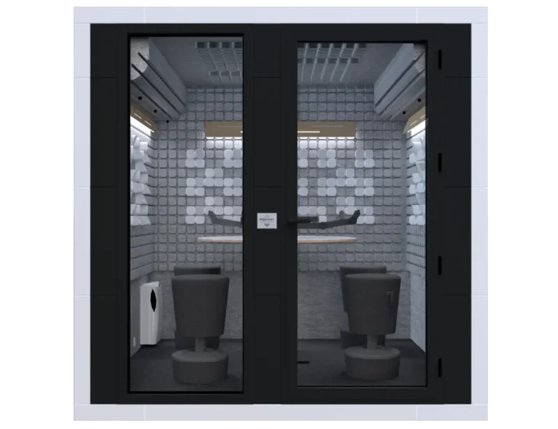 Interno del box Studiobricks Podcast Round, dettaglio pannelli e illuminazione
