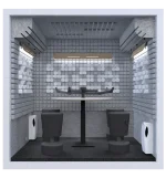 Dettaglio del tavolo rotondo laccato bianco del box Studiobricks Podcast Round