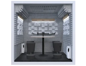 Interno del box insonorizzato Studiobricks Podcast Round con tavolo rotondo per 4 persone