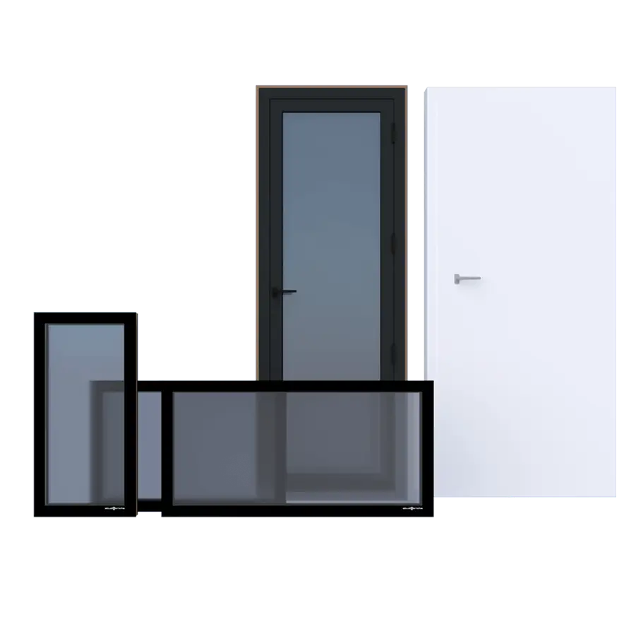 Porte acustiche in vetro e in legno, finestre e componenti per la ventilazione del box su misura
